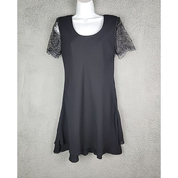 VTG Jeffrey Dara Tom Barra 8 Rhinestone Lace Sleeve Black Dress 90s Flared Y2K - Picture 13 of 16